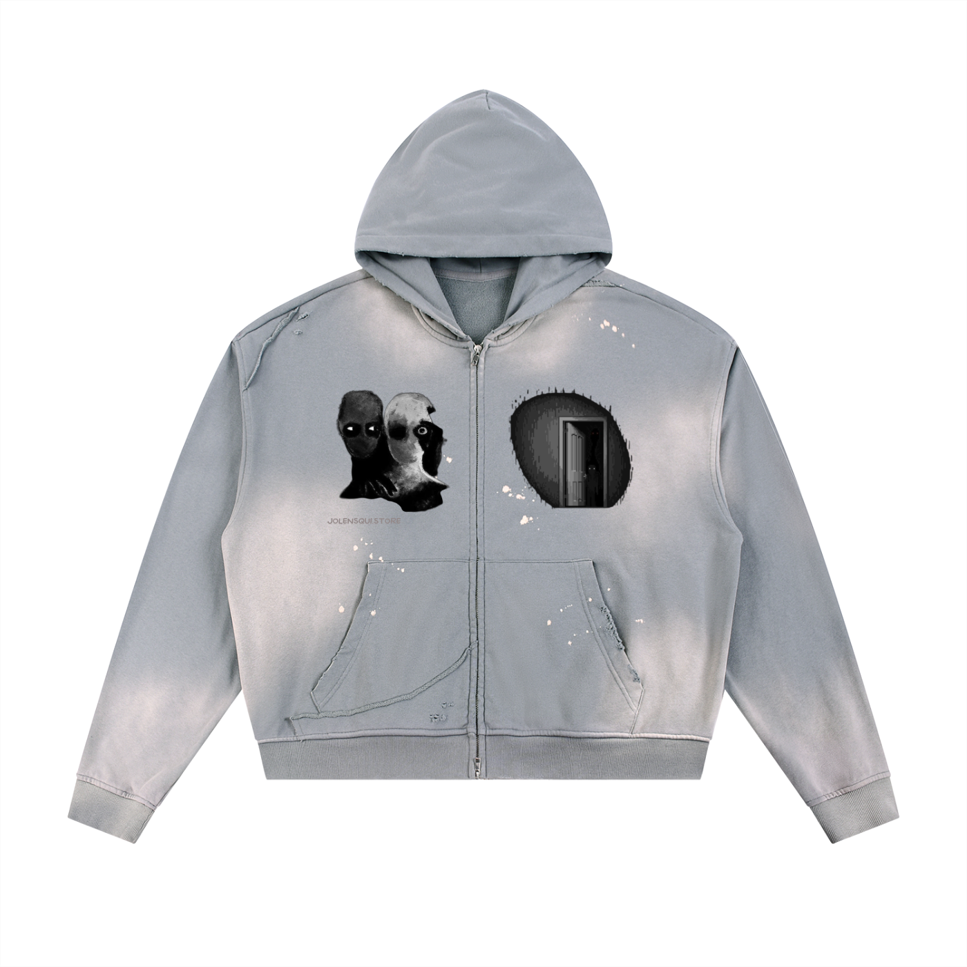 Sun Fade Frayed Raw Edge Fleece Zip Hoodie